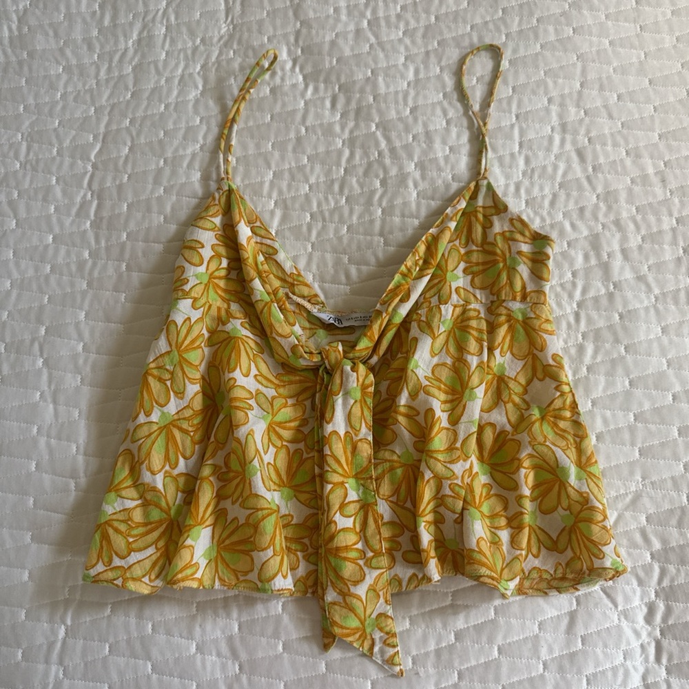 Zara Floral Yellow Tie-Front Top